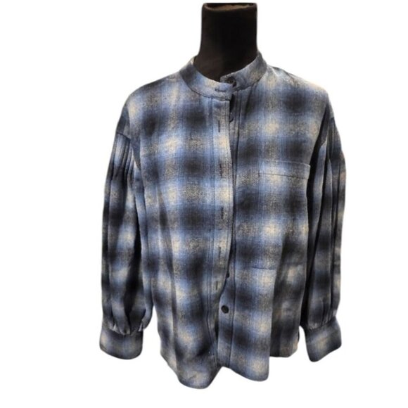 Rebecca Minkoff Blue Plaid Button-Up Mandarin Collar Pleated Sleeves Shirt Small - Picture 1 of 8